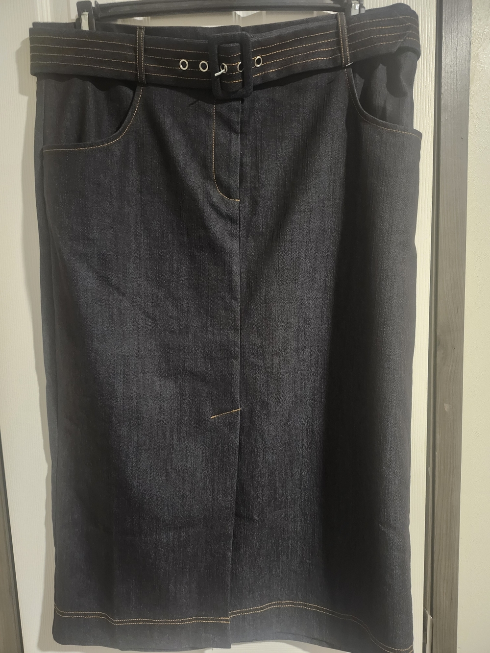 Carole Wren Dark Denim Belted Midi Skirt
